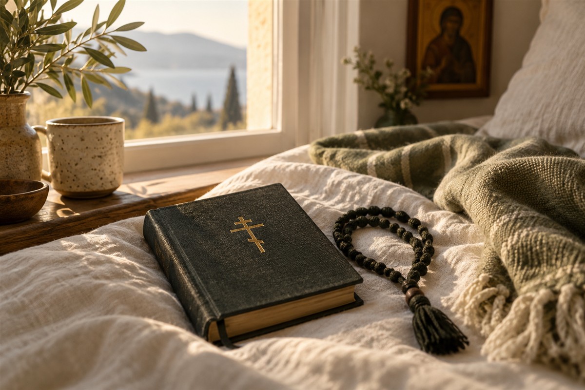 A prayer book and wool prayer rope on soft linen