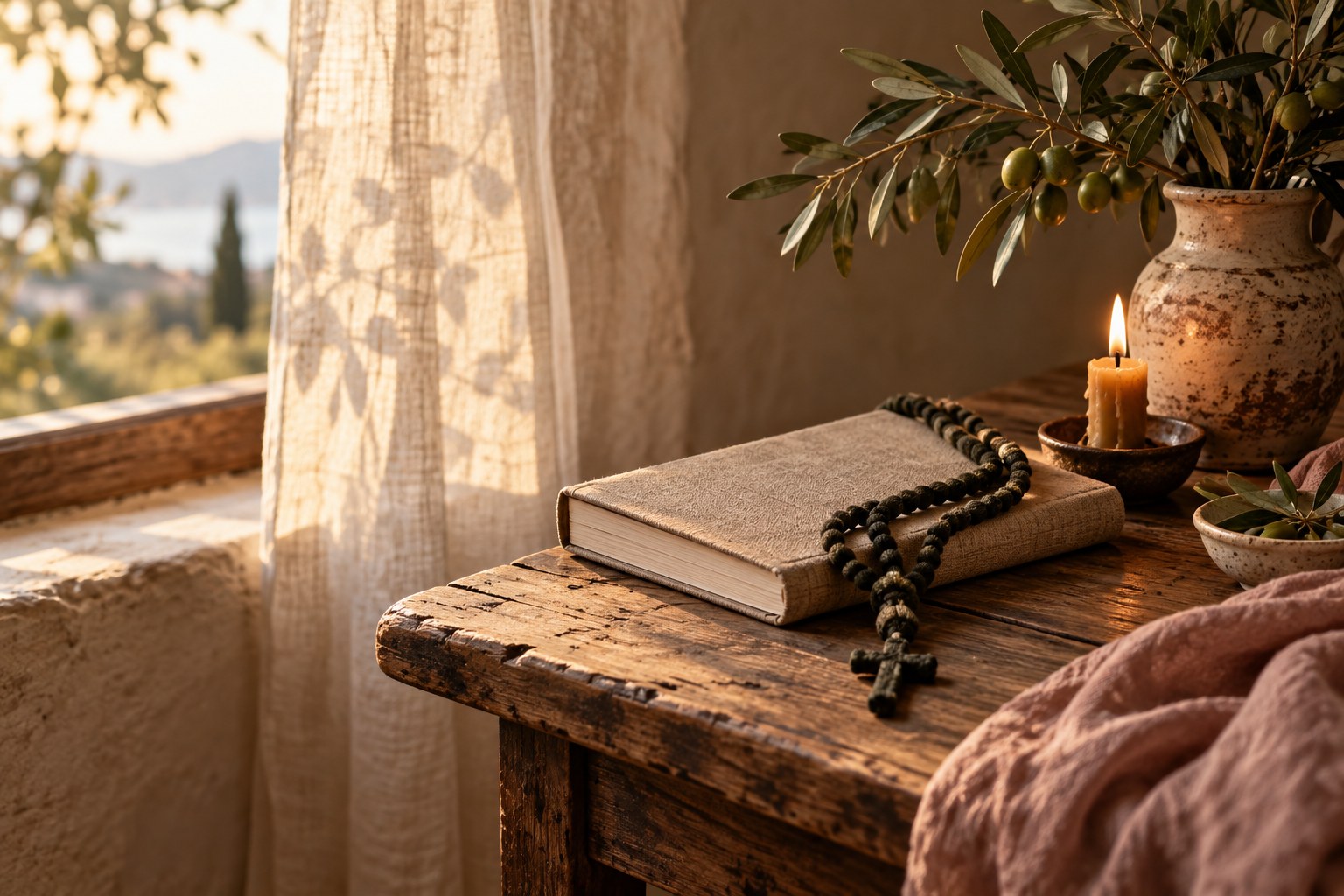 A journal and prayer rope beside a candle and sunlit window