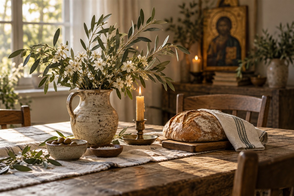 Bread, flowers, and a candle on a family table