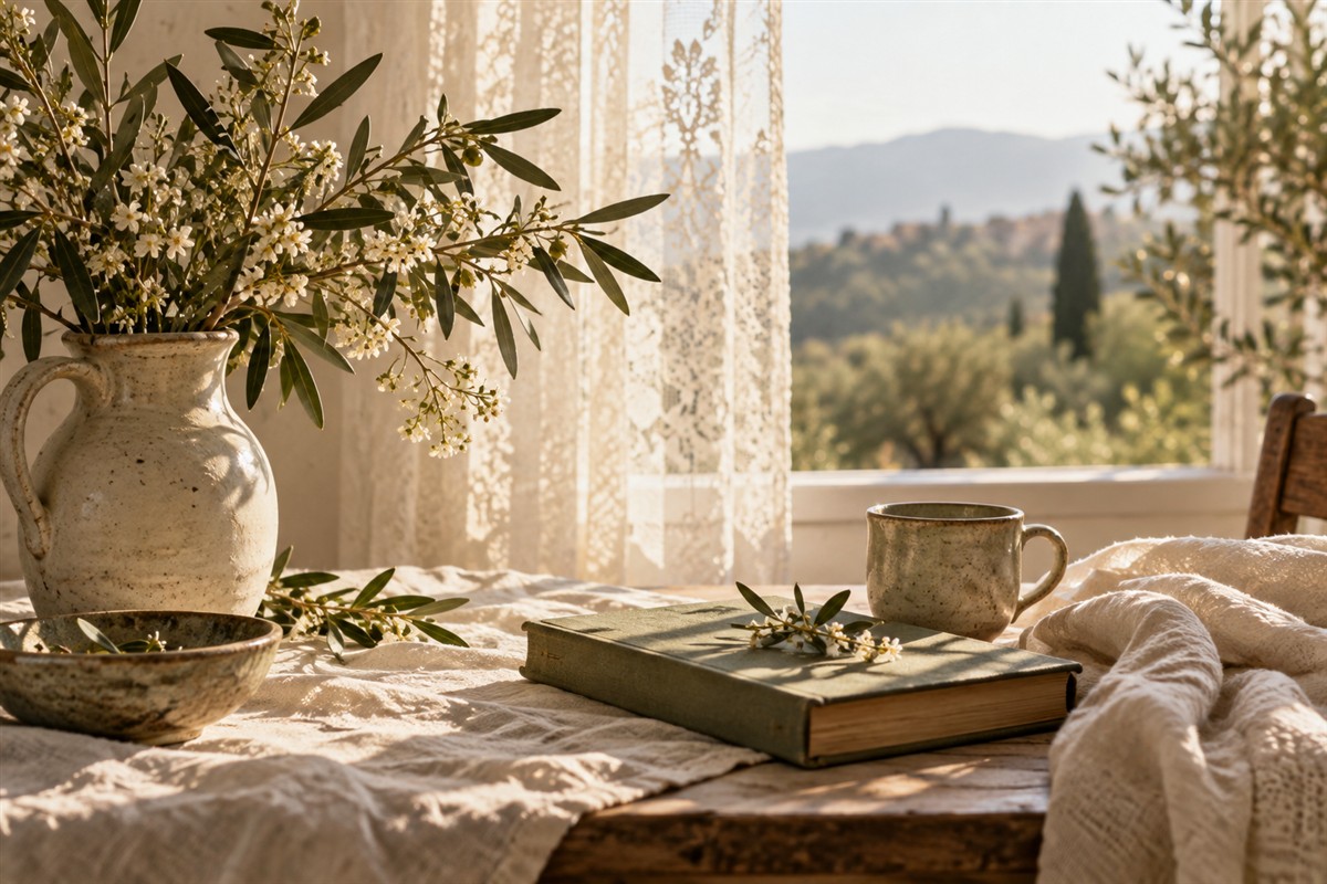 Sunlight through lace curtains beside olive branches